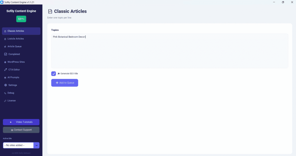 SofilyContentEngine - Enter article topic
