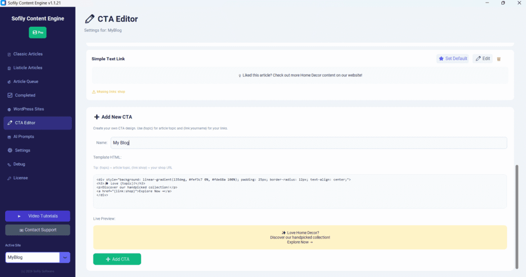 Sofily Content Engine CTA editor with template builder