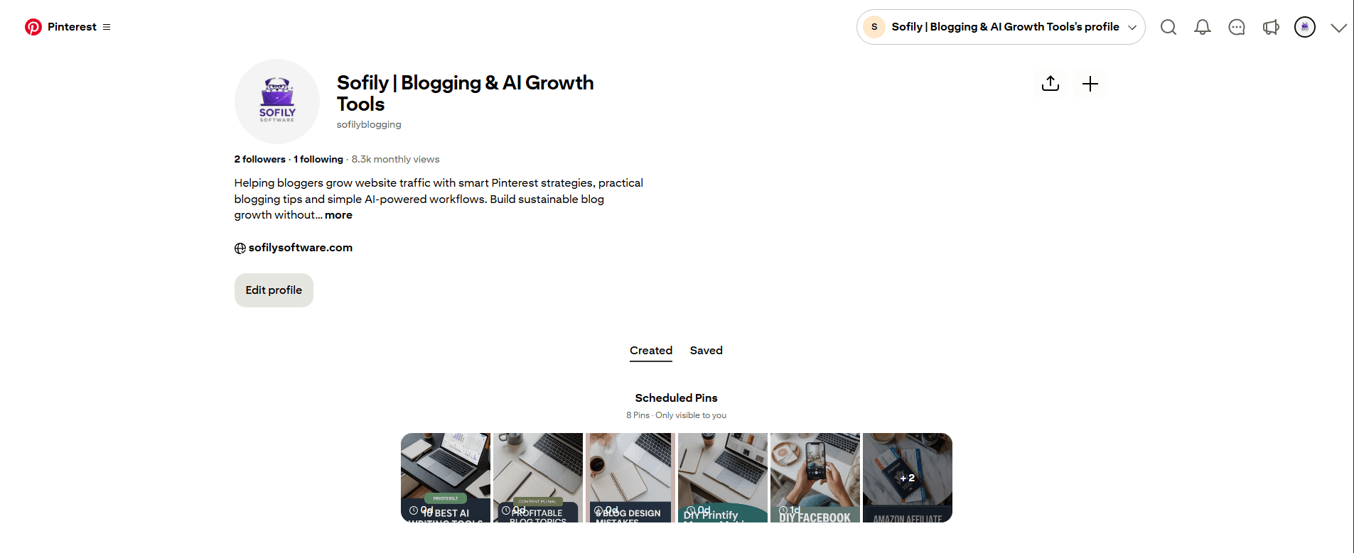 Sofily Pinterest business profile page showing 8.3k monthly views, 2 followers, 1 following, 8 scheduled pins visible, linked to sofilysoftware.com, bio reads Helping bloggers grow website traffic