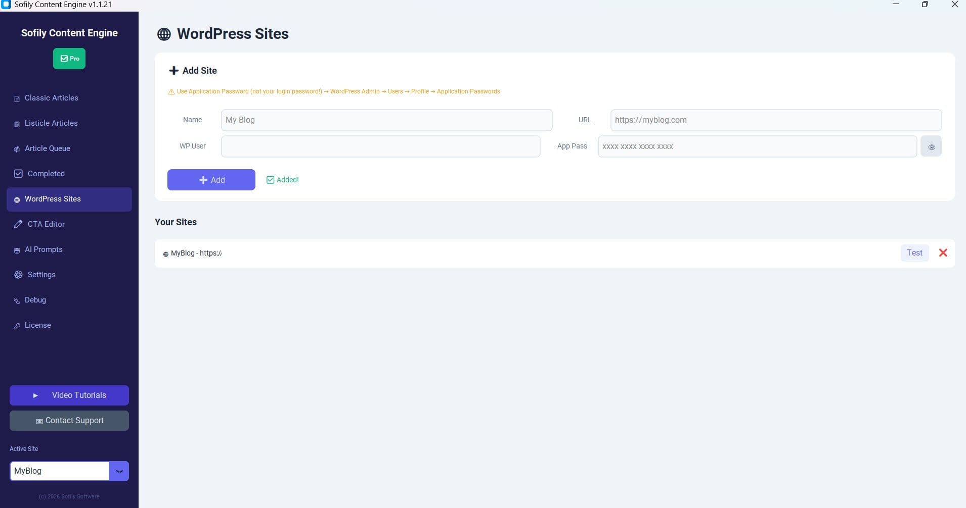 SCE WordPress Sites page after successfully adding a blog. Shows 