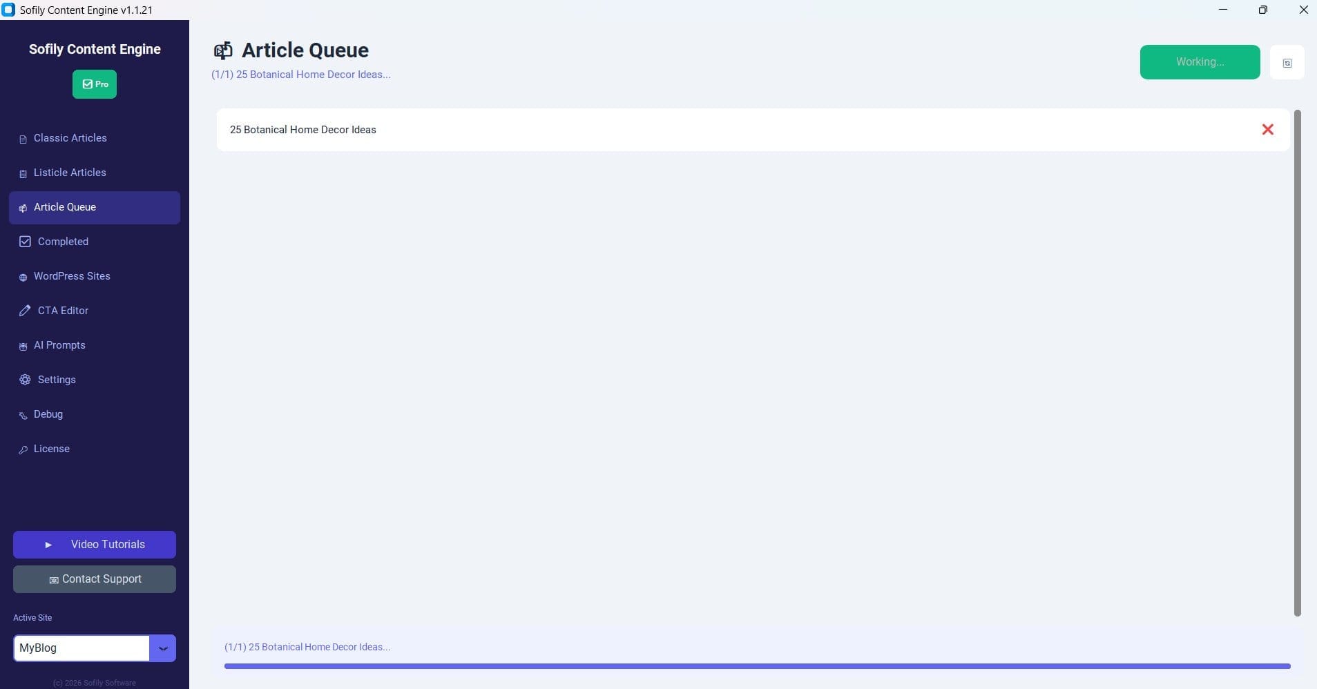SCE Article Queue page during article generation. Shows 