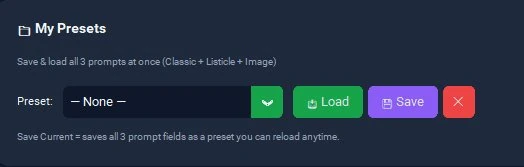 The My Presets card — a single preset stores all three prompts (Classic + Listicle + Image) together. Green Load loads it, purple Save stores the current set, red ✕ deletes the selected preset.