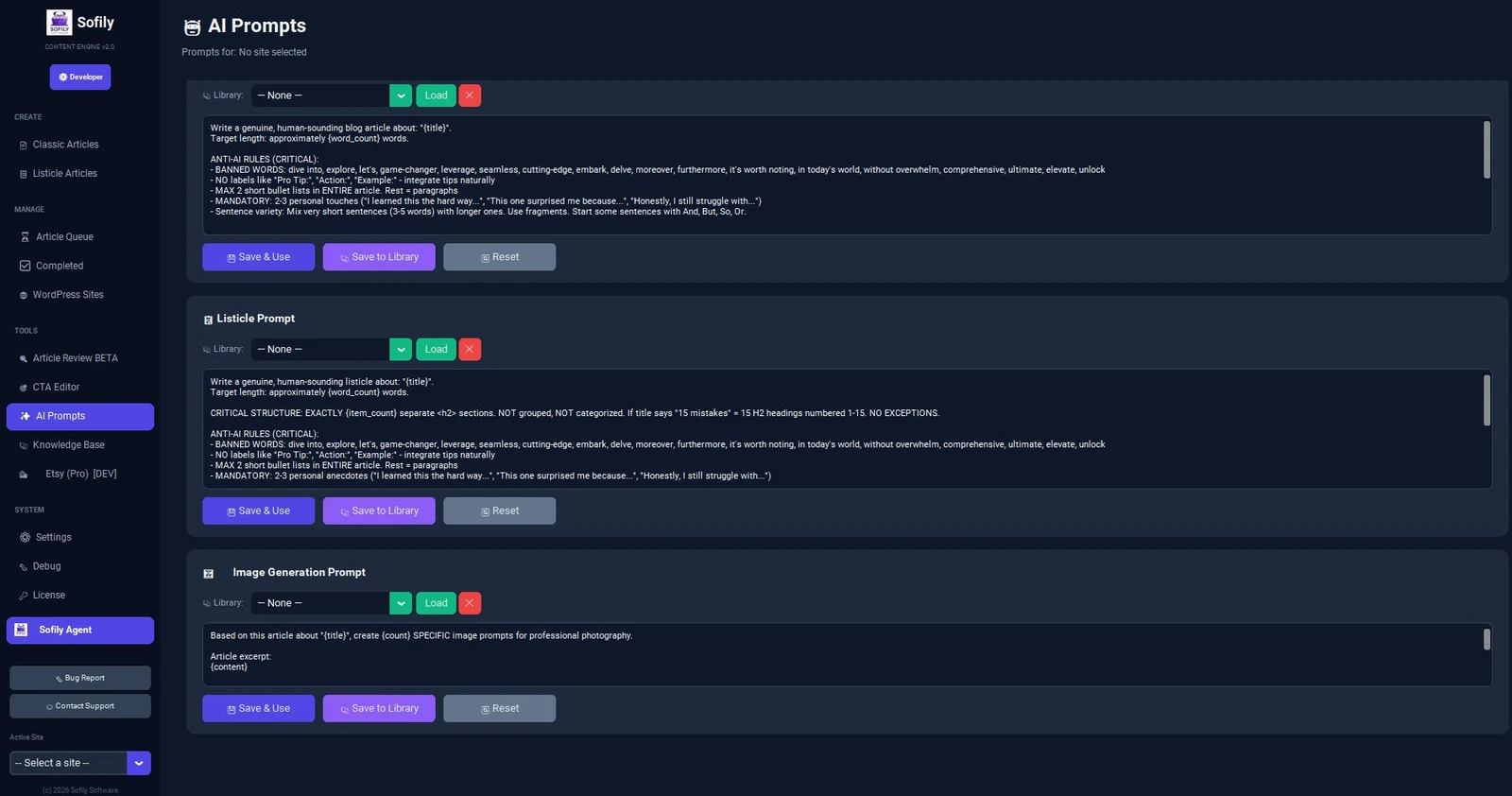 The bottom half of the AI Prompts page — this is where the Listicle Prompt and Image Generation Prompt cards live. Scroll down here to edit either of them.