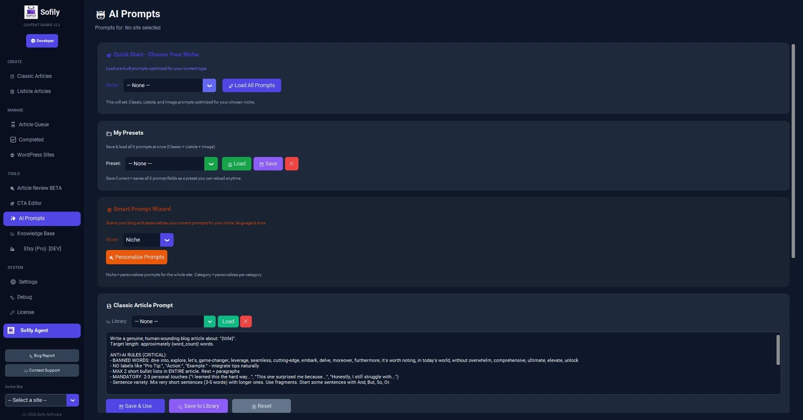 The top of the SCE AI Prompts page. Click "AI Prompts" (✨) in the left sidebar — every prompt setting is managed from here.