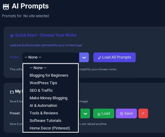 The Quick Start card with the niche dropdown open. Pick one of the 8 pre-configured styles, then click "Load All Prompts".