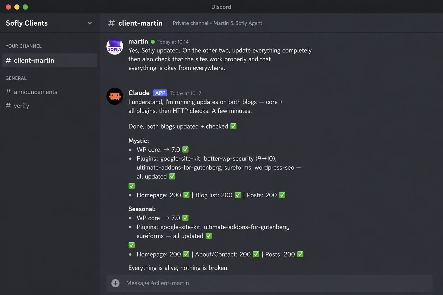Agent: WP 7.0 + all plugins updated, HTTP checks passed, everything alive