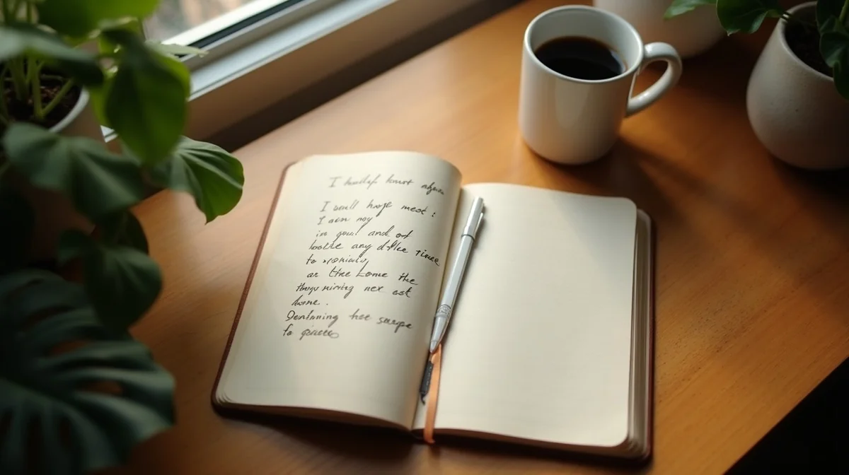 AI agent ROI tracking notebook with weekly hours and tasks beside a laptop in a home office with natural light