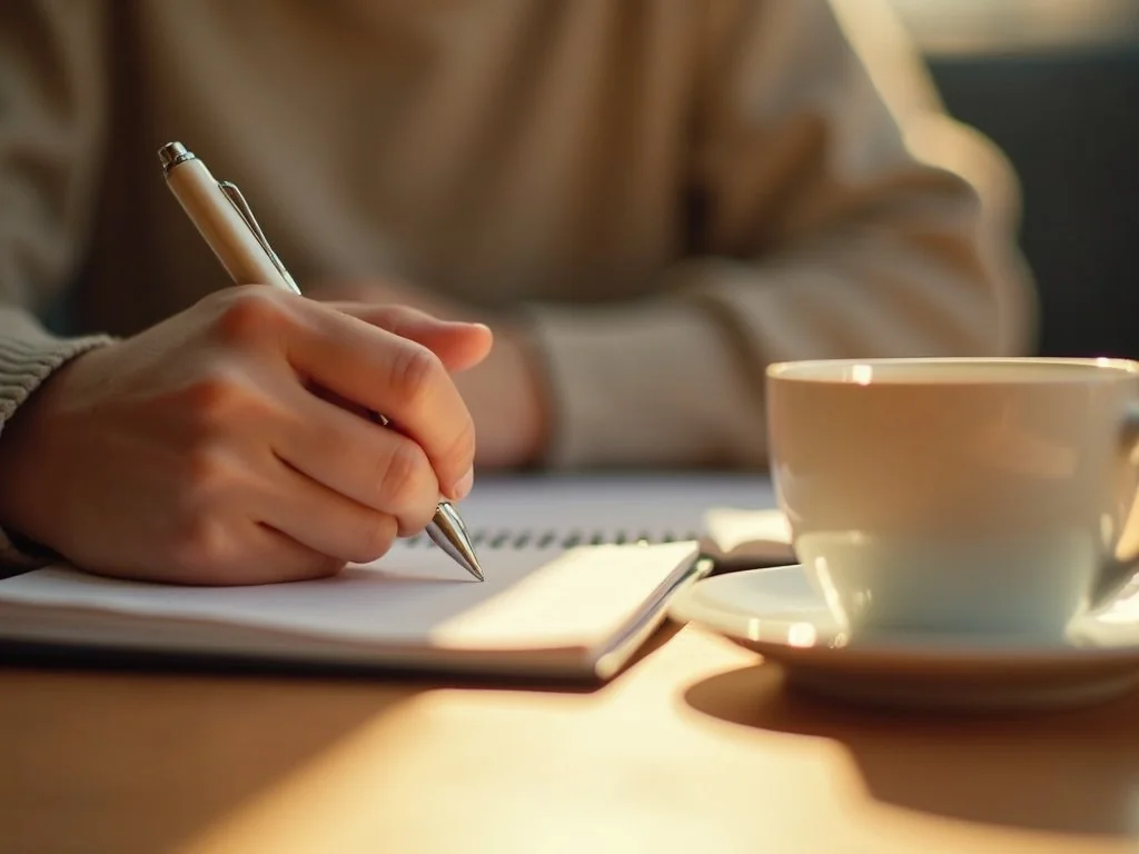 Hands typing on a laptop with email and project management interface, coffee cup in foreground, natural morning light