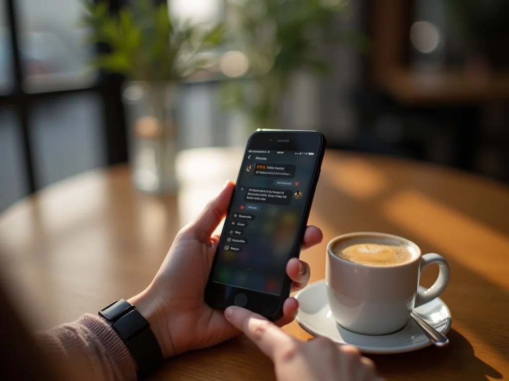 Solopreneur reviewing analytics dashboard on phone in cafe with notebook and coffee on table