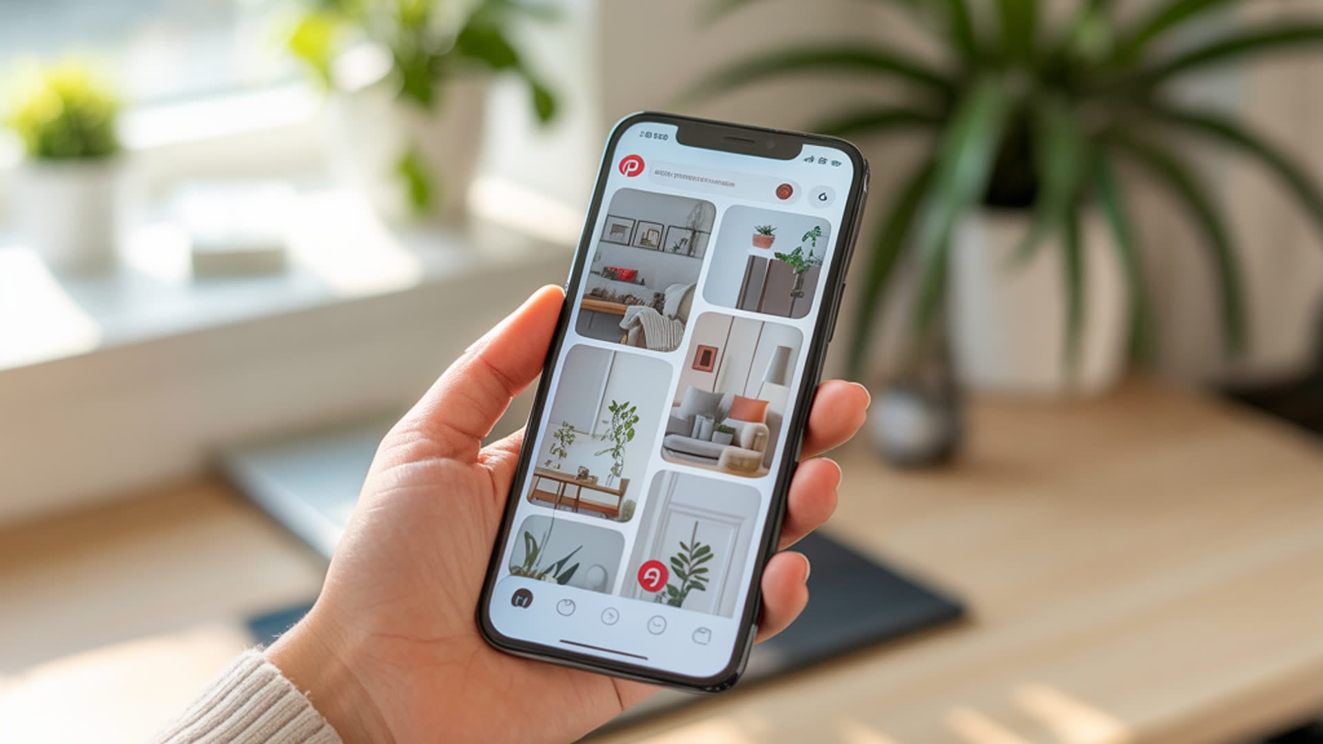 Hand holding a smartphone displaying Pinterest home decor pins, illustrating how to monetize Pinterest traffic