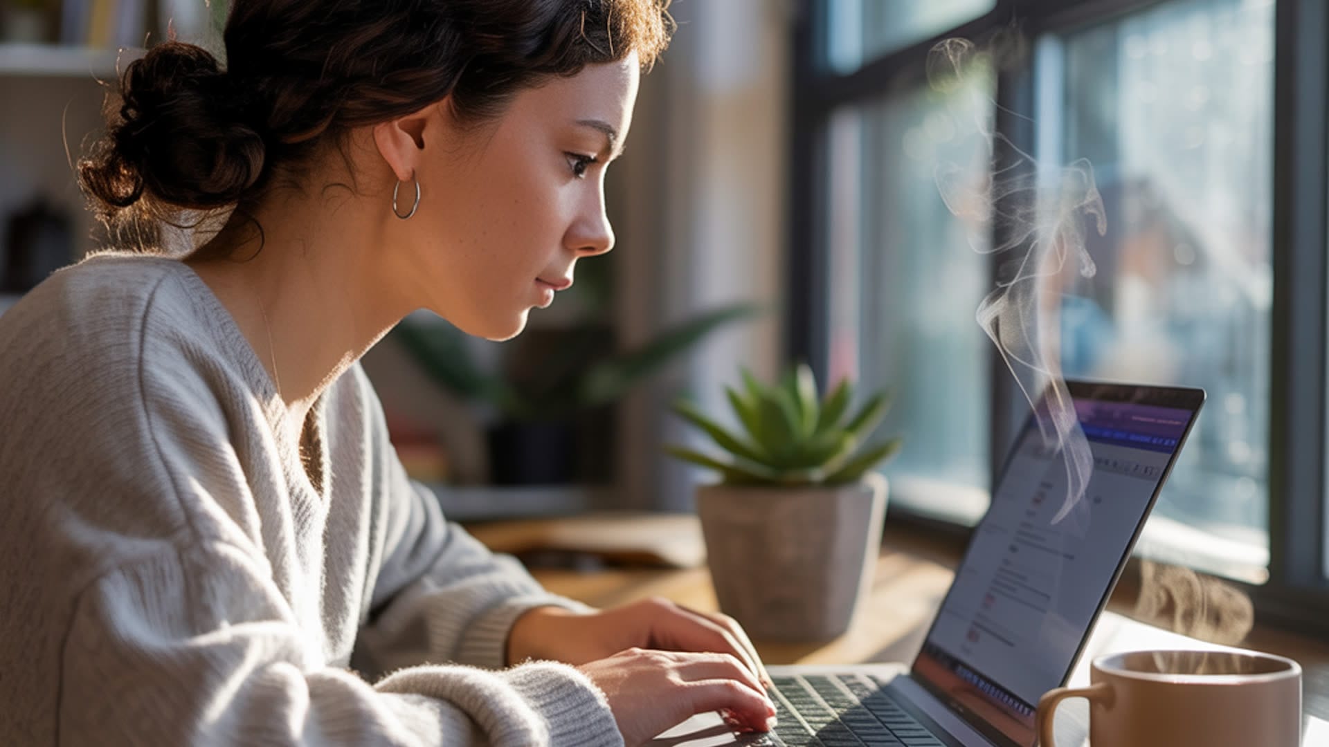 Woman working on a laptop at a home desk with coffee, illustrating how to make money working from home