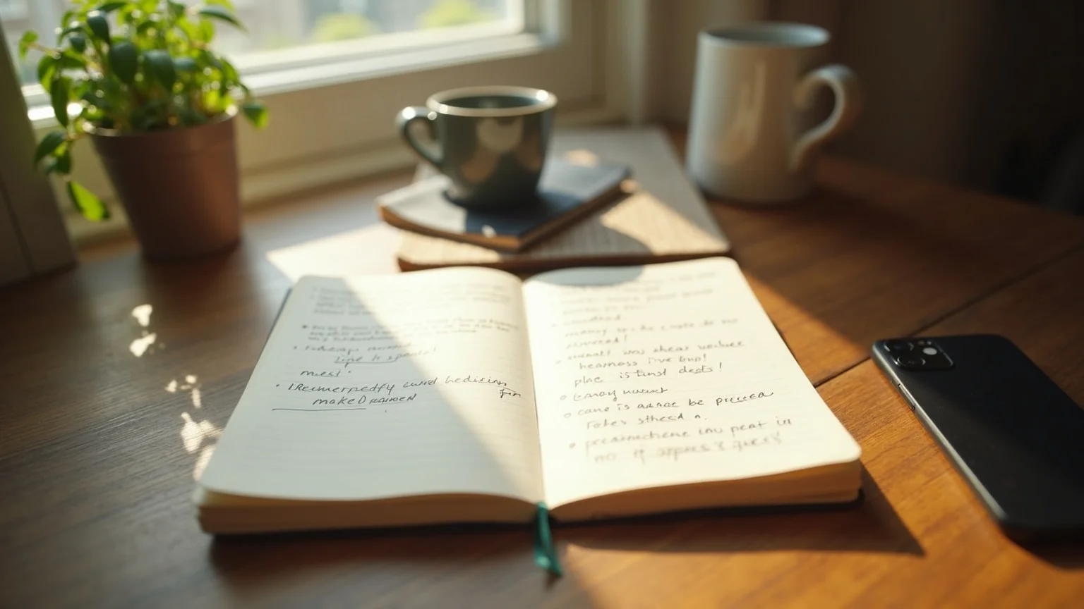 Affiliate marketer reviewing commission report on a laptop with notebook and coffee in soft natural light
