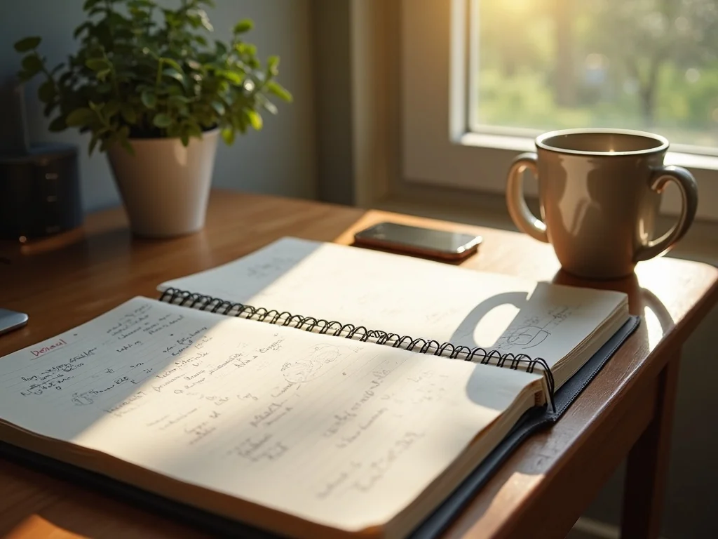 Hands writing course module outline in a notebook beside a laptop showing student community in soft natural light