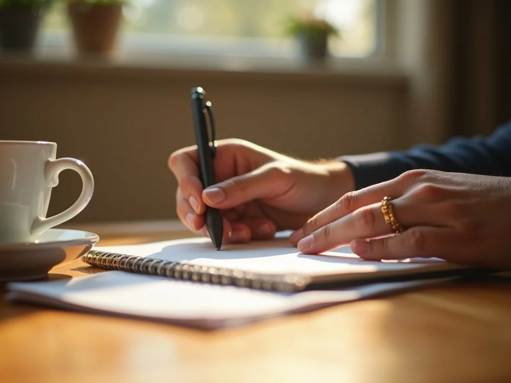 Hands writing SEO research notes in a notebook beside a laptop showing search analytics in soft afternoon light