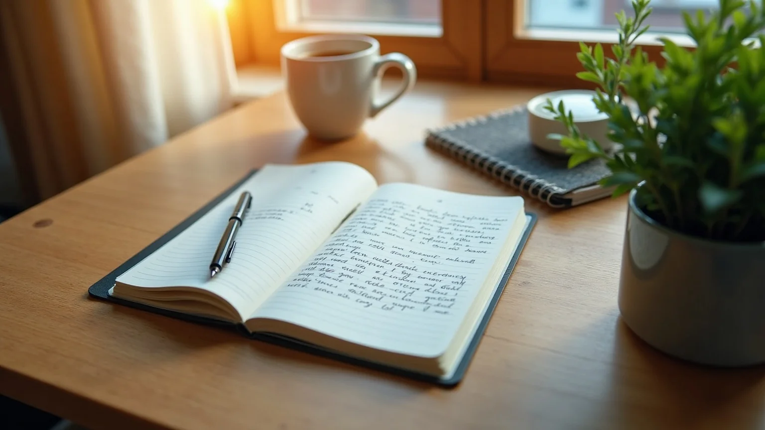 Creator's phone showing comment management interface on a wooden desk with coffee mug in warm afternoon light