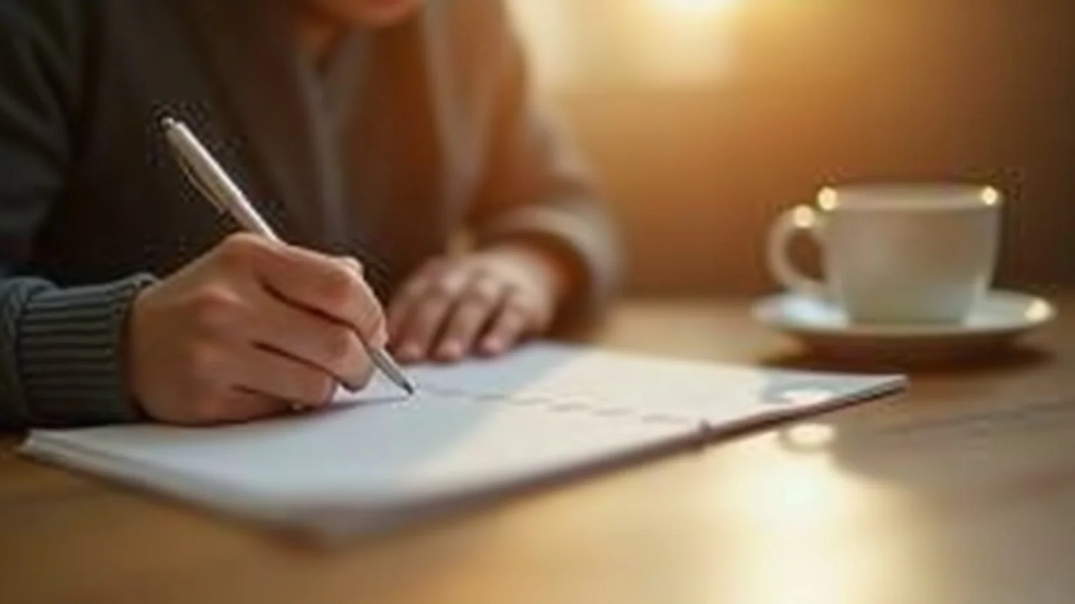 Hands typing on a laptop showing Gmail interface with AI agent draft sidebar beside coffee and notebook in soft morning light