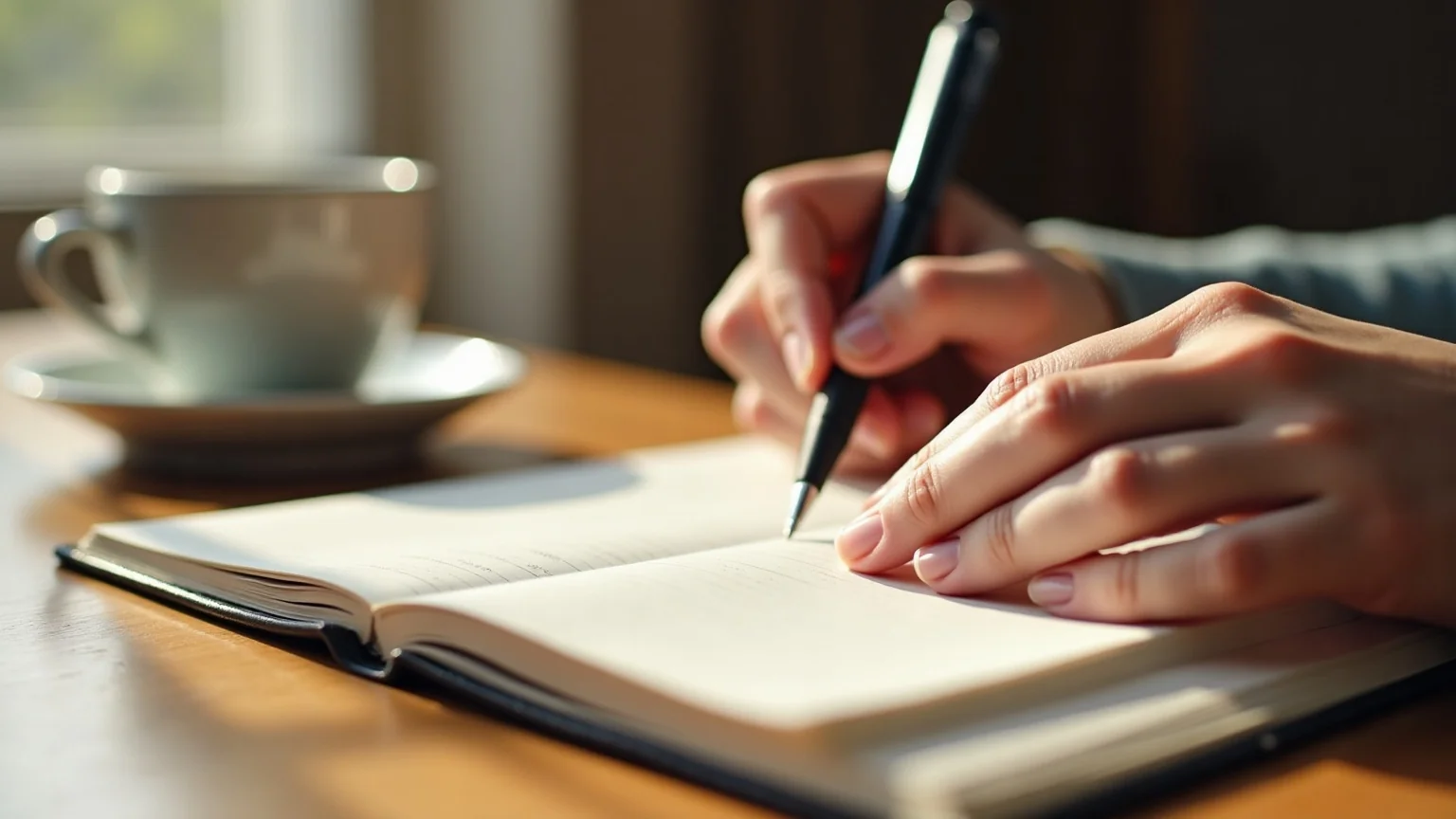 Real estate agent reviewing client follow-up notes in a notebook with a coffee mug and phone showing calendar at a home office