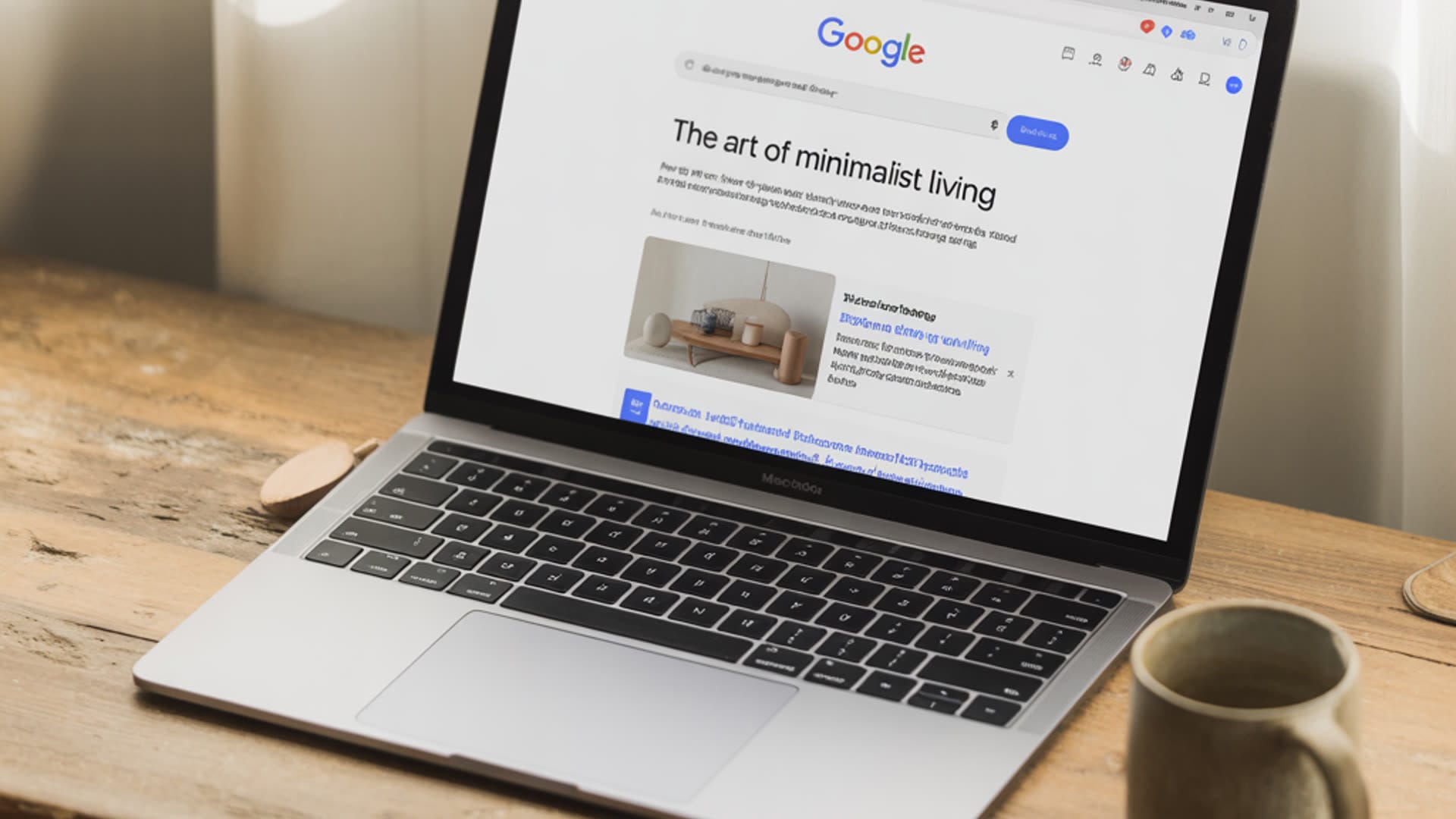 MacBook laptop on a wooden desk showing a blog post ranked at the top of Google Search results, illustrating SEO success for beginners