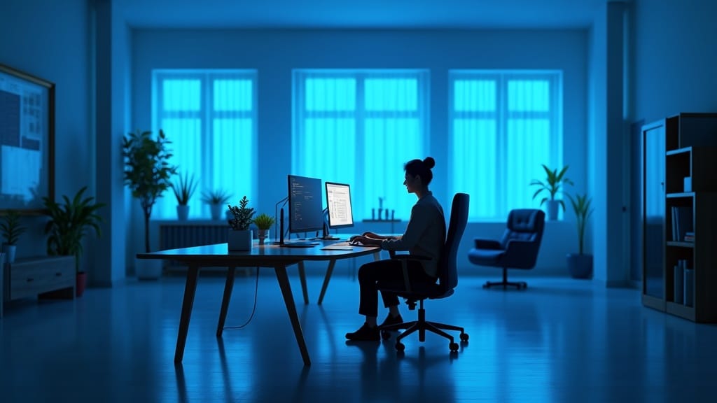 Split illustration showing a solopreneur at their desk and an AI agent working in the background — r