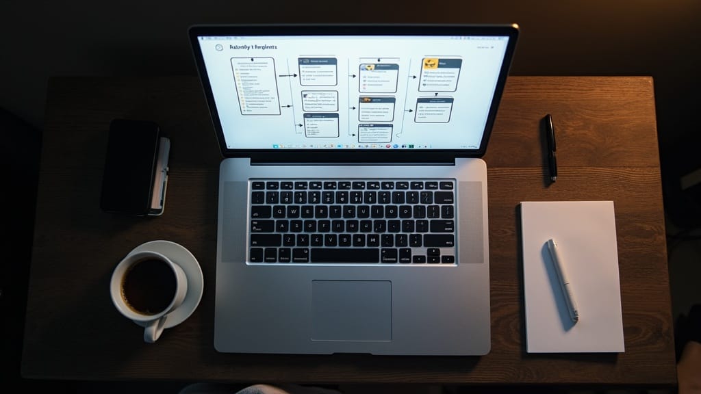 Person learning how to set up an AI agent on a laptop, with a simple workflow diagram showing trigger, action, and output