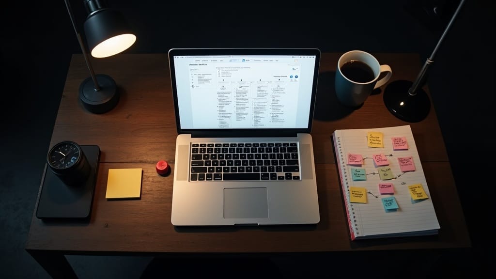 Person working calmly on a laptop with a simple agent workflow running in the background, showing cl
