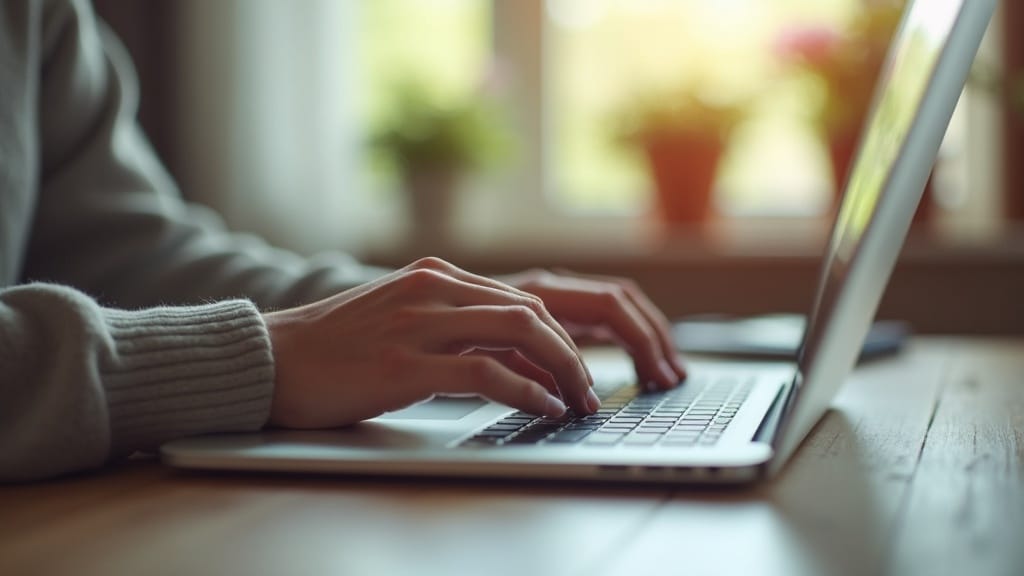 Clean closing image of a focused blogger at a desk, relaxed, with a plant and coffee, minimal worksp