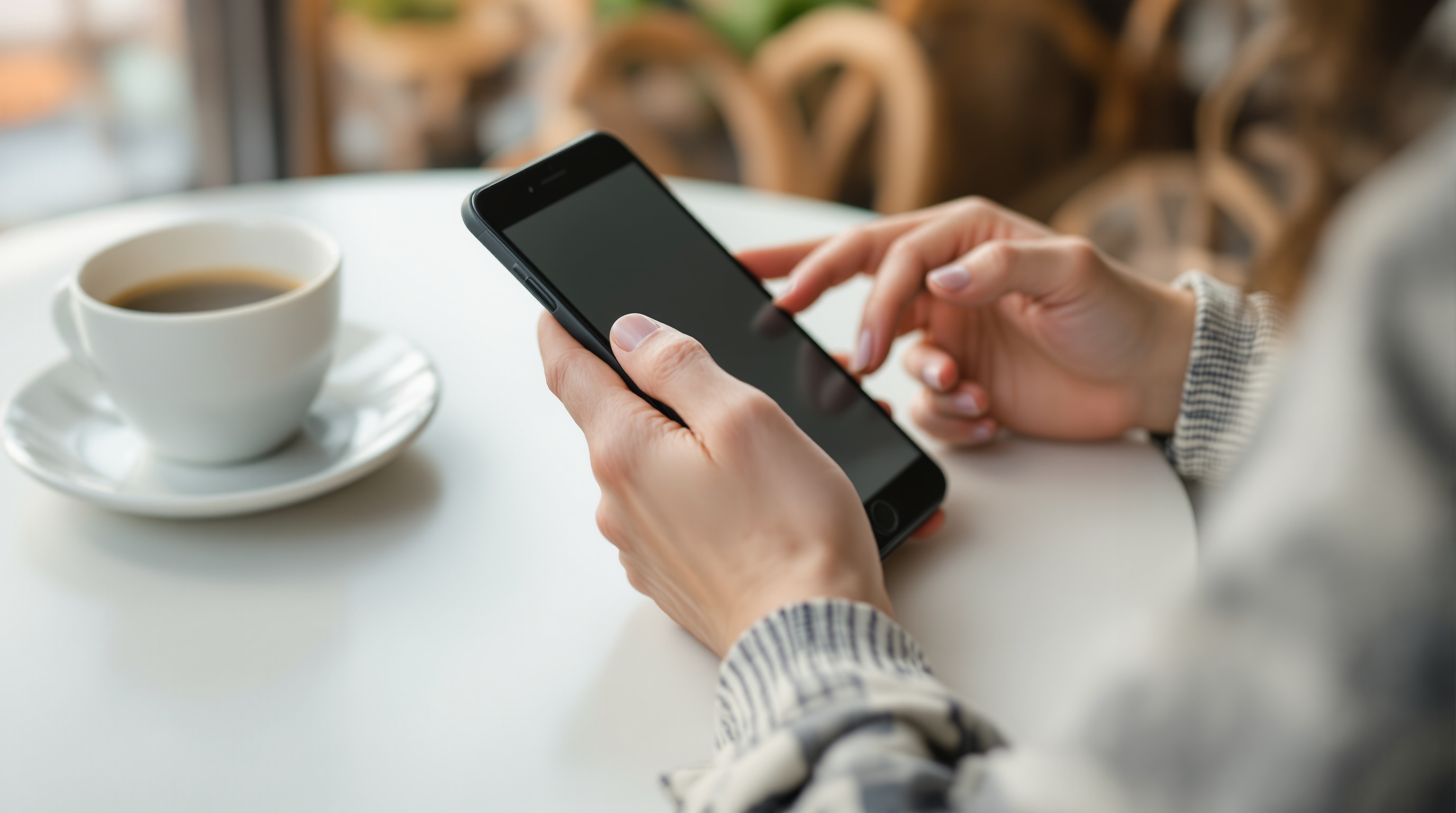 person using an AI assistant on their phone over coffee