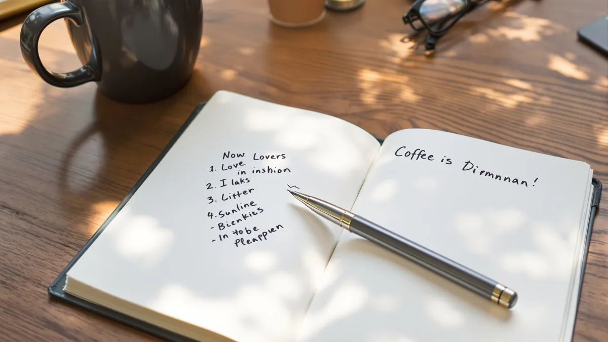 handwritten task list in a notebook beside a coffee cup