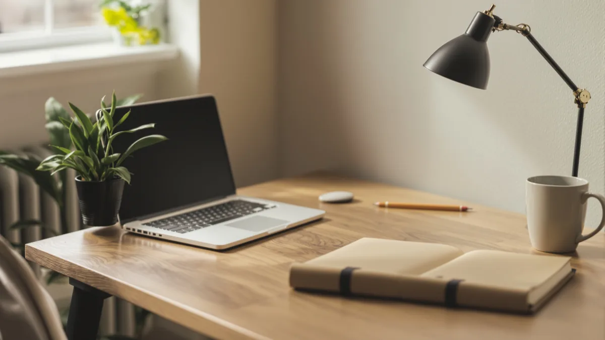 tidy small business desk with a laptop and lamp in daylight