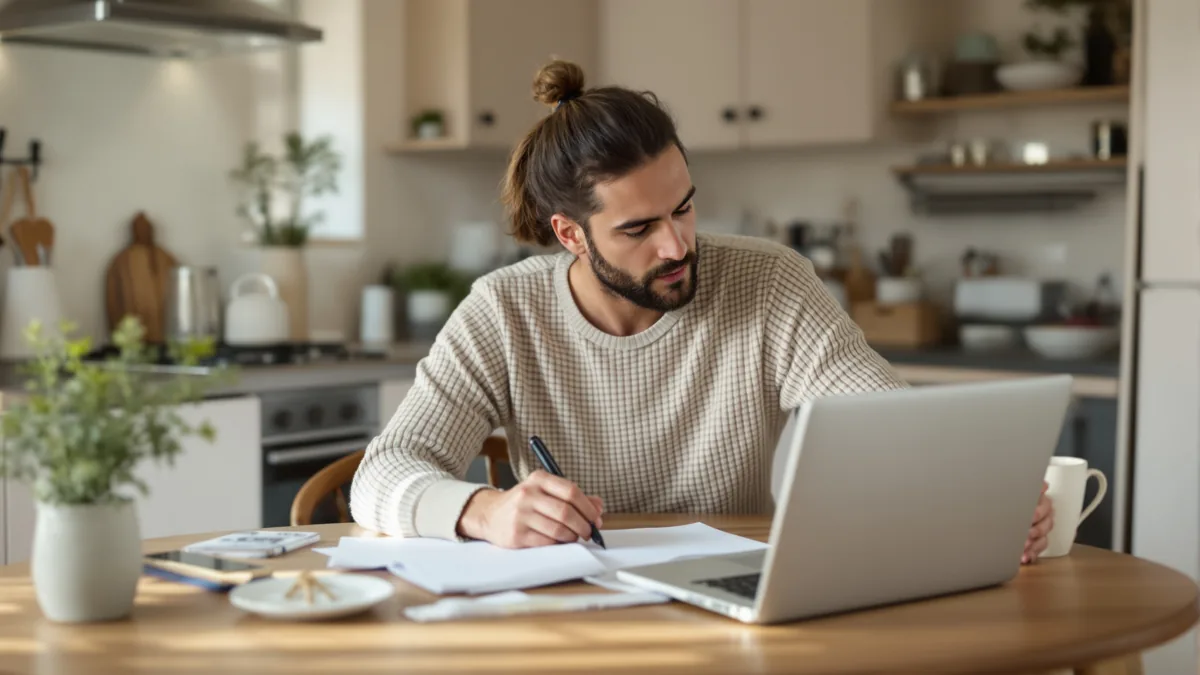 small business owner reviewing AI-drafted work at a wooden desk