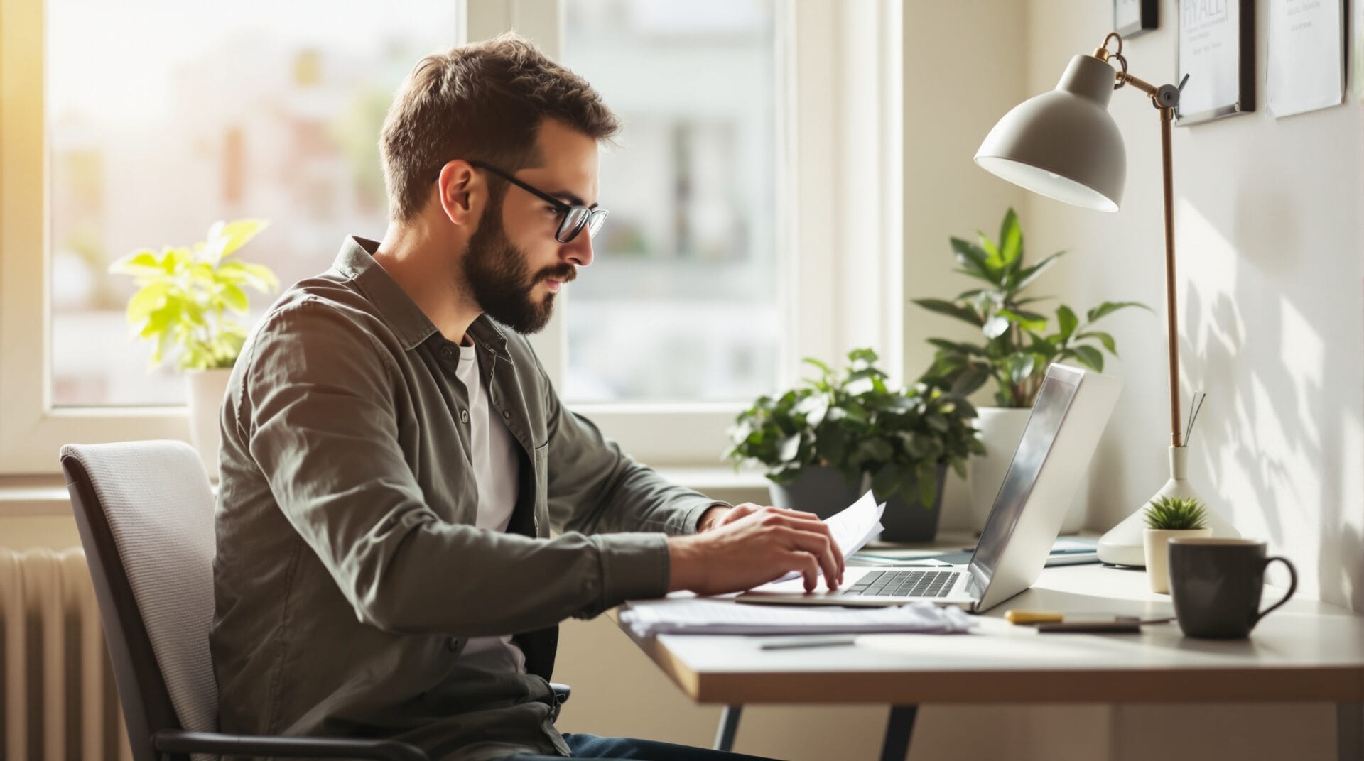 entrepreneur working on a laptop at a home office desk