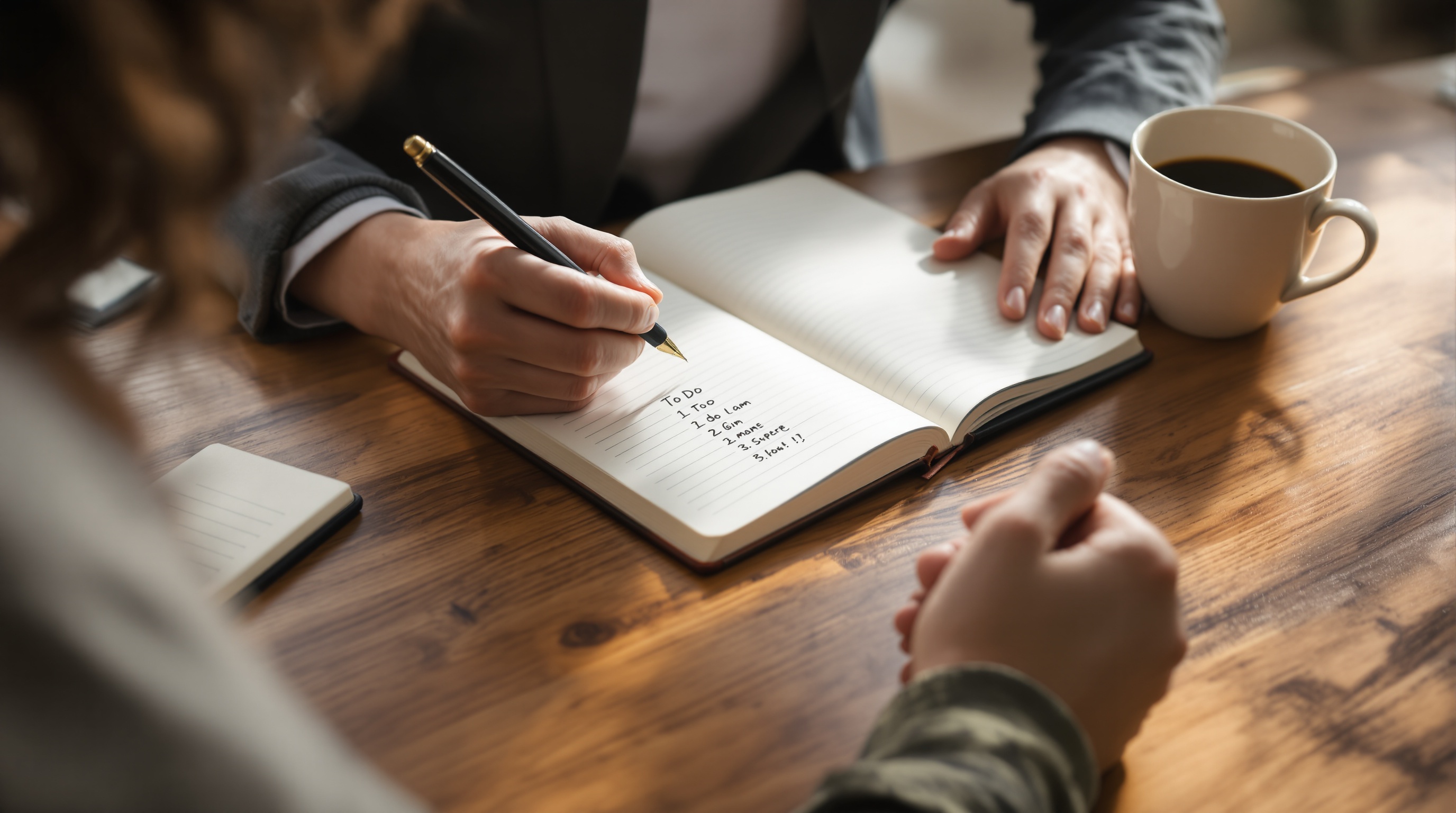 entrepreneur planning AI tasks in a notebook with coffee