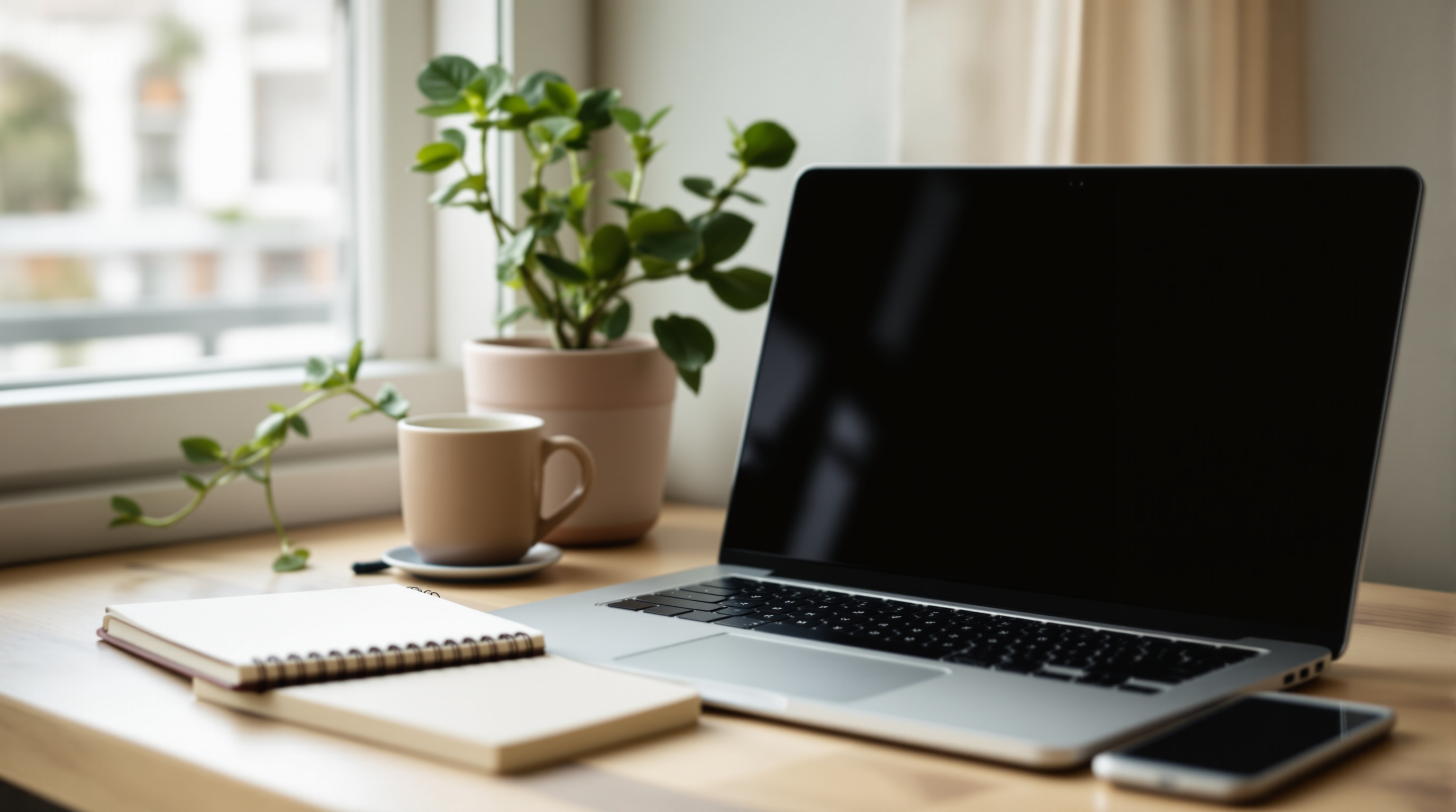 minimal entrepreneur workspace with a laptop and a plant
