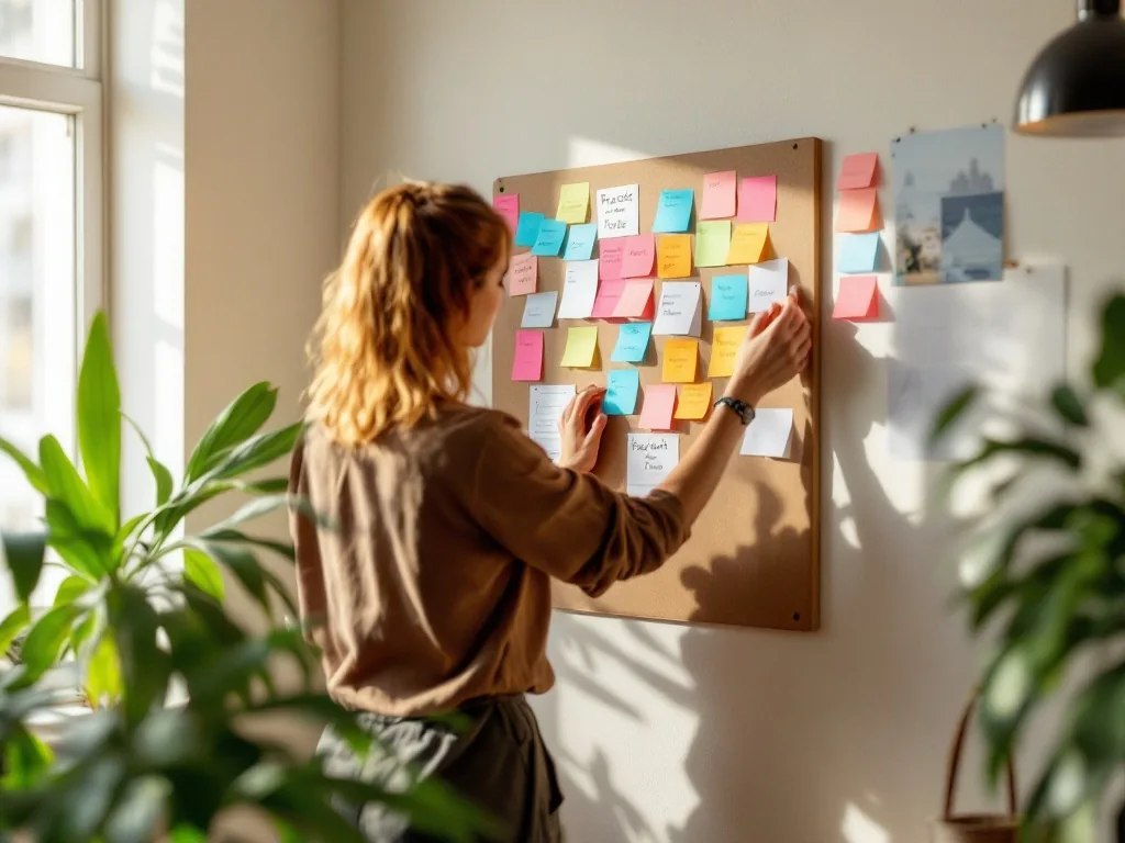 A wall of sticky notes and a simple project board in a home workspace
