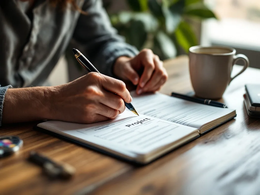 Hands writing a project plan in a paper notebook beside a coffee mug