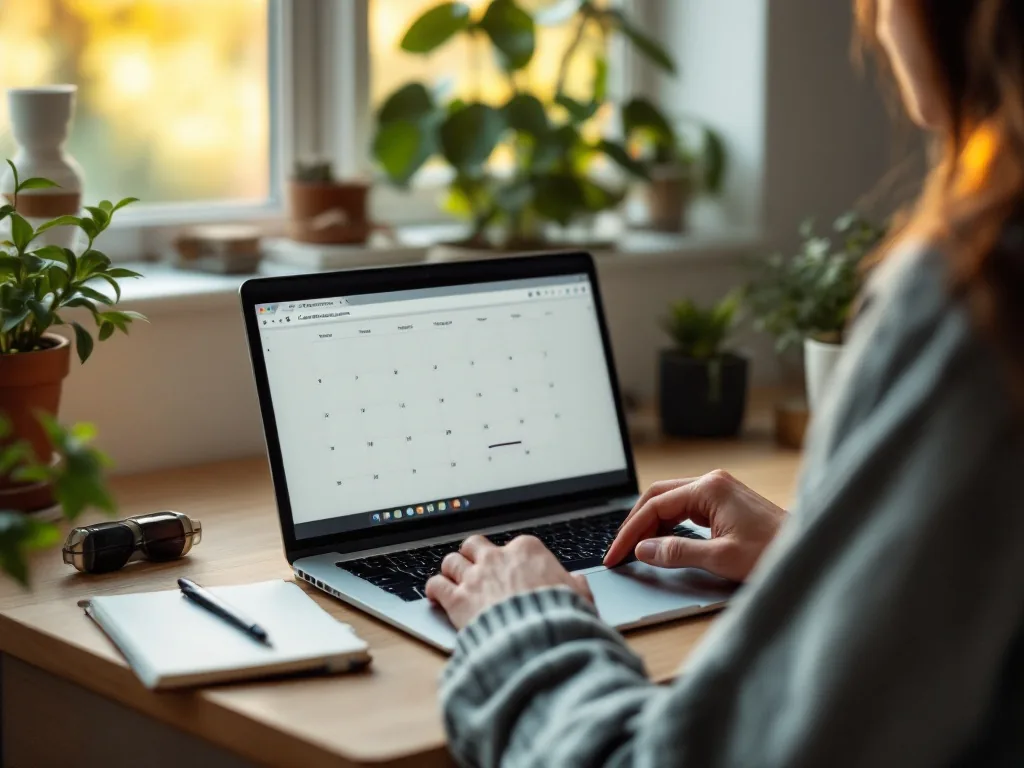 A focused solopreneur at a desk with a laptop showing a clean calendar