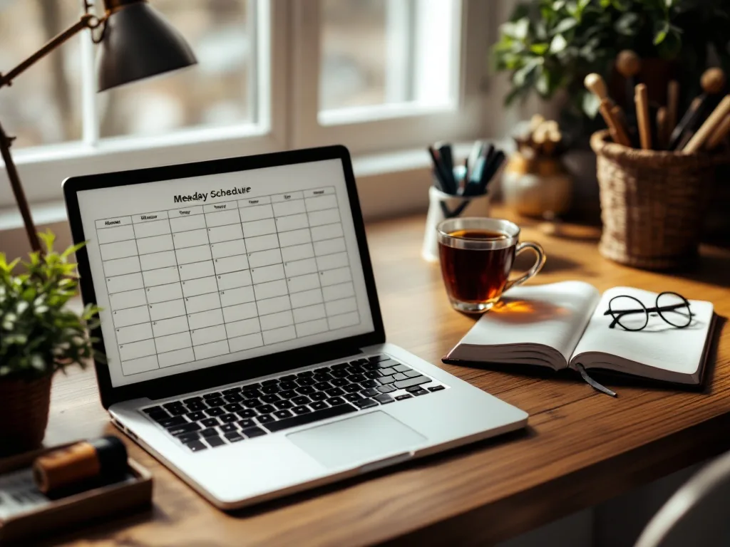 A tidy desk with a laptop, printed weekly schedule and notebook