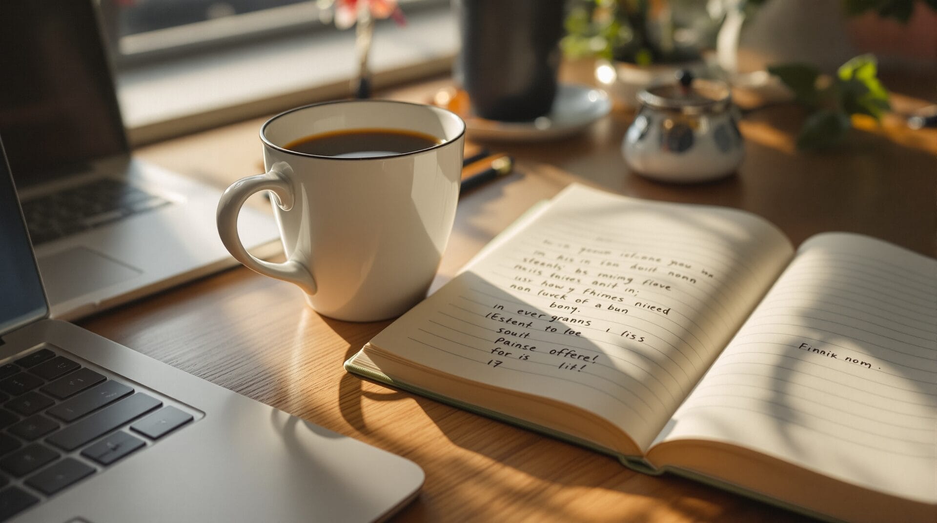 solopreneur calm morning desk with coffee and a notebook